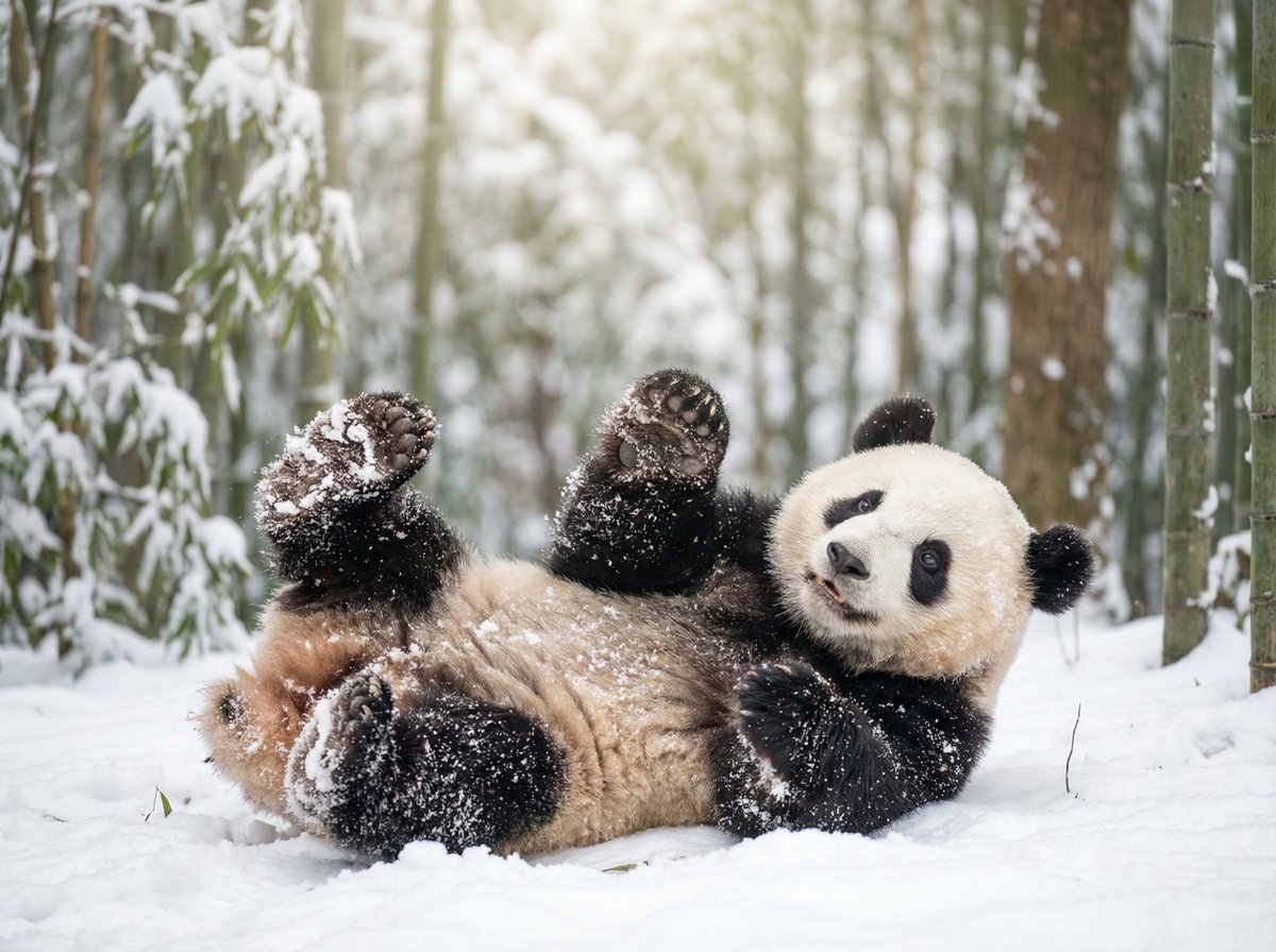 人兽熊猫宝宝雪地嬉戏视频